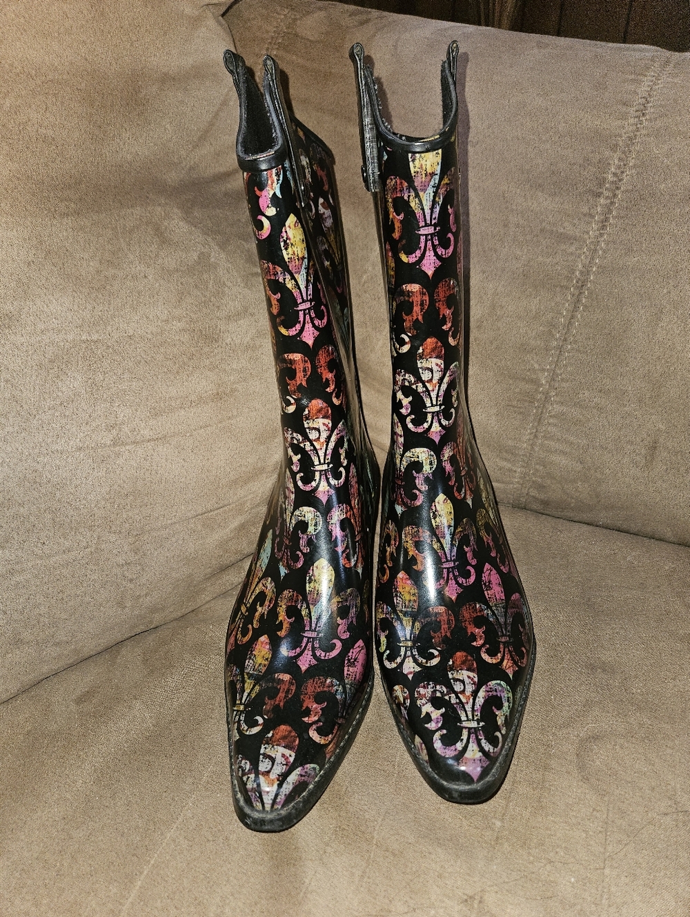 Rain Bops Sz 8 Fleur De Lis Cowboy Style Rain Boots, 2.5" Heel